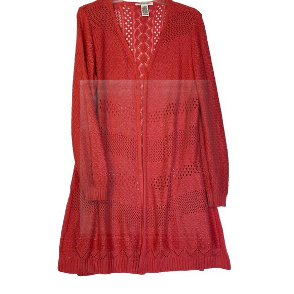 99 Jane Street Long Open Cardigan Sweater, Coral Rose, Crocheted size Large - Picture 12 of 16